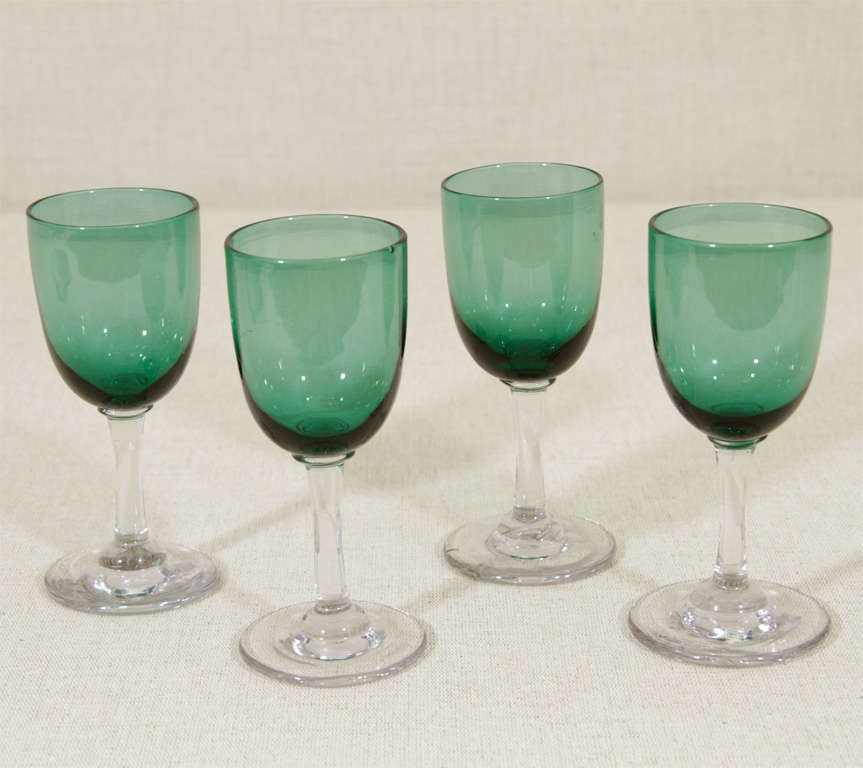 Set of Four Victorian Sherry Glasses, in Bristol Green Glass Color, England, Late 19th Century.<br />
<br />
4.75 inches high